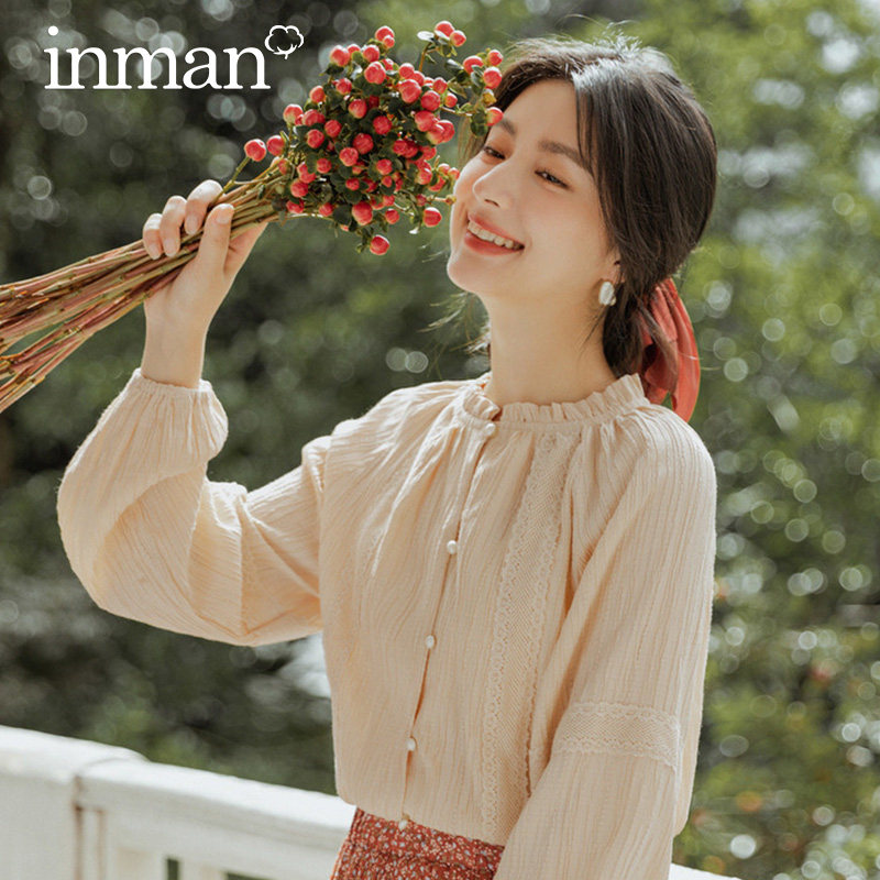 茵曼长袖衬衫复古甜美日系上衣2020早秋新款少女温柔风蕾丝衬衫潮
