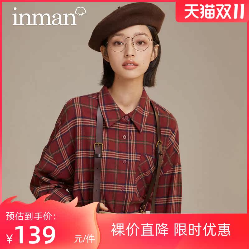 茵曼格纹衬衫长袖衬衣宽松显瘦中长款上衣女2021秋装新款女士外套