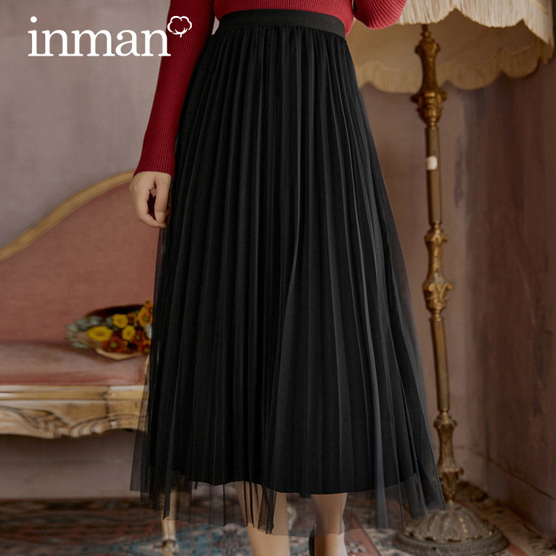 茵曼半身裙2020秋冬新款高腰百褶中长裙超仙遮跨网纱裙遮肚A字裙