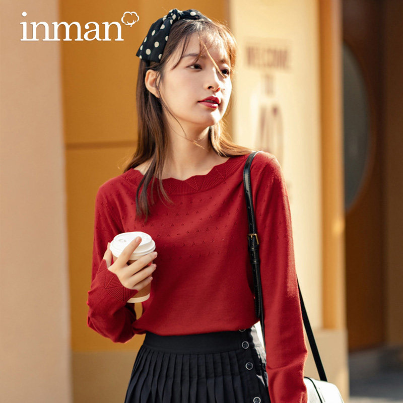 茵曼套头针织衫2020秋装新款设计感刺绣镂空上衣打底毛衣洋气外搭