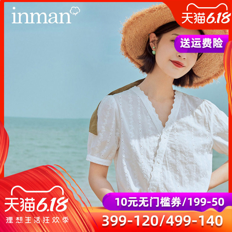 茵曼短袖衬衫女设计感小众2020夏装新款V领锁骨心机上衣洋气衬衣