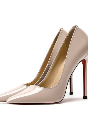 时尚显白裸灰色红底高跟鞋真皮性感12CM超细跟气质尖头浅口女鞋