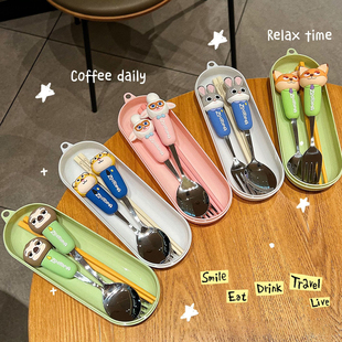 疯狂动物城可爱卡通不锈钢餐具勺子叉家用学生儿童铝合金筷子吃饭