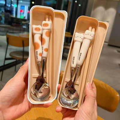 卡通可爱304勺子叉子学生木筷子三件套便携式餐具儿童套装收纳盒
