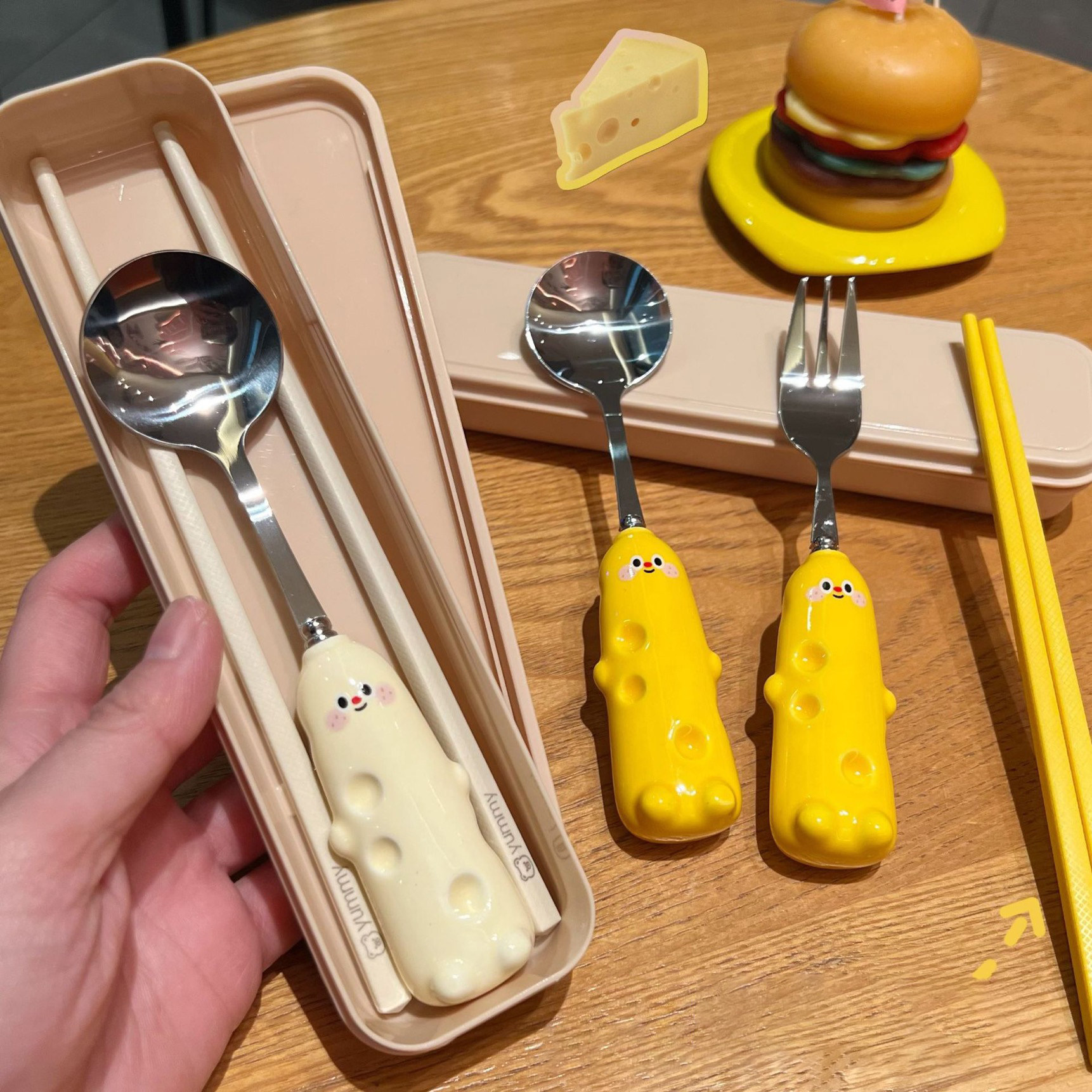 可爱ins芝士奶酪勺子叉子筷子三件套学生儿童收纳盒便携餐具套装,餐饮具,便携/折叠餐具,淘宝优惠券,粉丝福利购,淘宝优惠卷