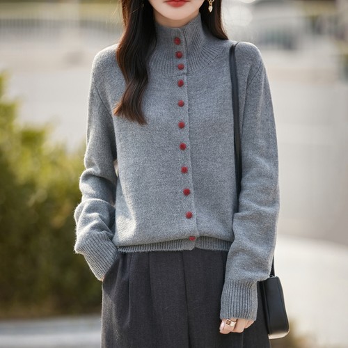 爆款超好看灰色针织衫开衫上衣高立领单排扣显瘦毛衣翻领上衣外套