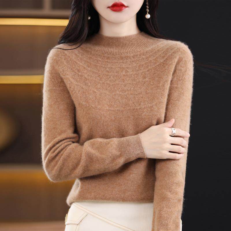 100%纯羊毛衫女半高领镂空一线成衣宽松显瘦套头毛衣