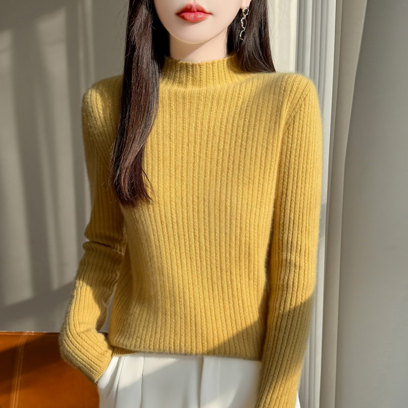 半高领小绞花抽条100%纯羊毛衫女秋冬款宽松毛衣内搭羊绒打底衫
