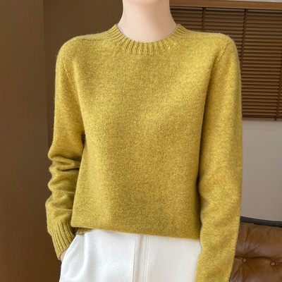 100纯羊毛衫  圆领纯色女一线长袖宽松打底针织衫