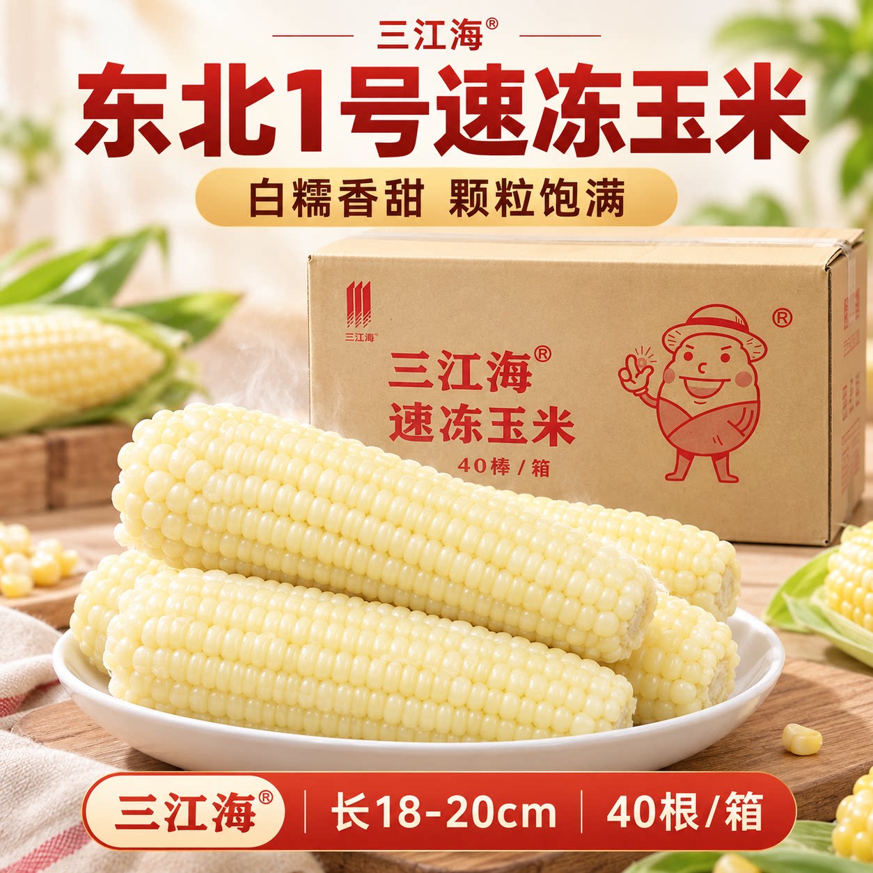 三江海万糯1号新季速冻玉米 东北甜糯新鲜粘玉米棒早餐40支装整箱