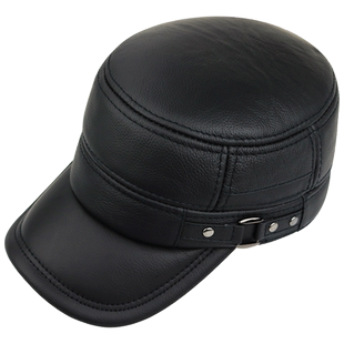 皮帽男 真皮帽子男士秋冬新款爸爸帽护耳平顶帽真皮黑色皮帽男款