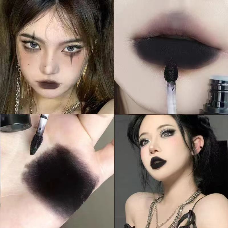 暗黑禁忌万圣节纯黑COS欧美ins超火黑色口红梅子色紫色唇膏哥特风