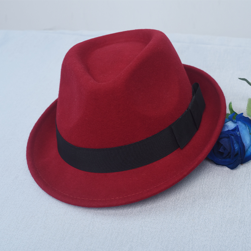 秋冬新款羊毛礼帽女士男士复古爵士帽卷边英伦风休闲百搭帽子红色