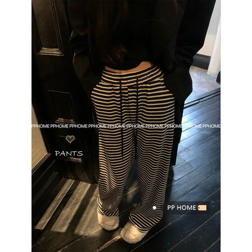 PPHOME松紧腰条纹休闲裤遛弯裤女