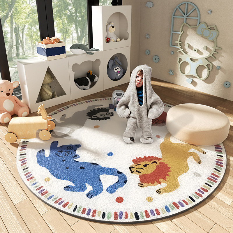 儿童房圆形皮革爬爬地垫书房阅读区卡通爬行垫男孩女孩卧室床边毯