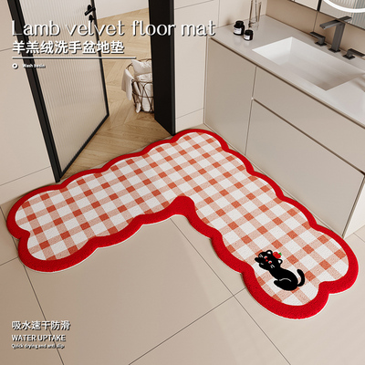 红色格纹L形转角浴室地垫化妆室彷羊绒吸水脚垫厕所门口防滑地毯