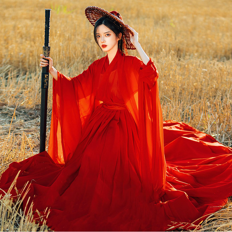 原创汉服女红色武侠古装魏晋风广袖流仙裙仙气交领改良大袖衫