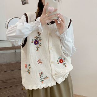 甜美设计感大码 立体绣花森系复古花朵针织马甲女秋装 外穿叠穿马夹