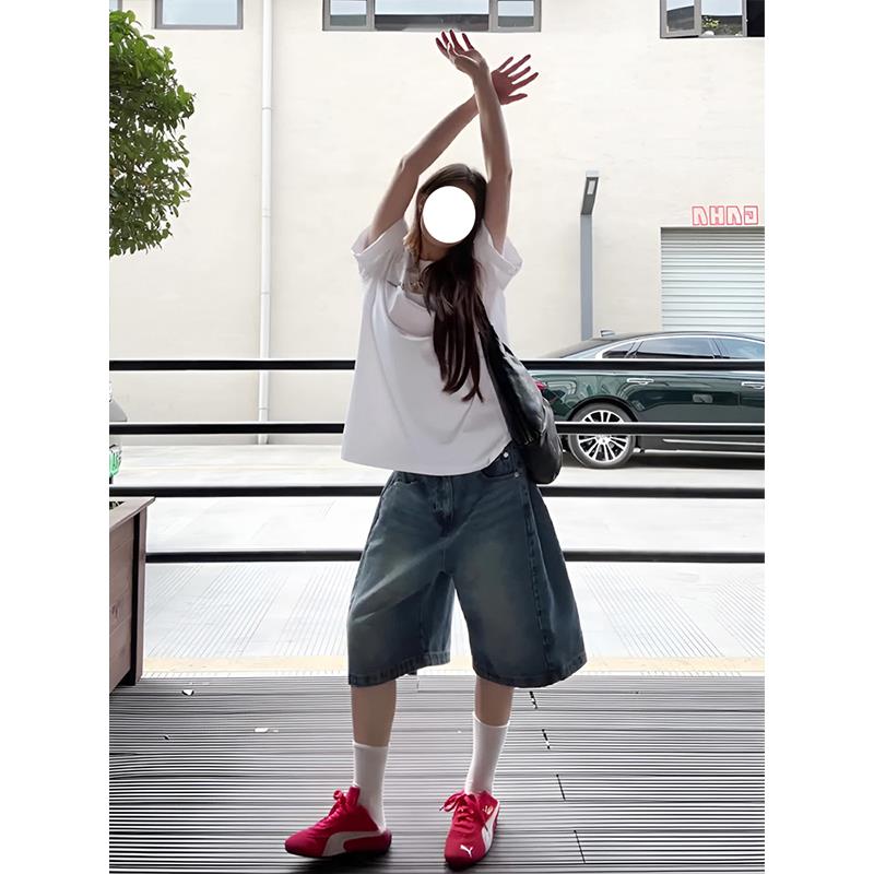 金靖同款美式复古牛仔短裤女薄款2025夏季新款中裤阔腿宽松五分裤