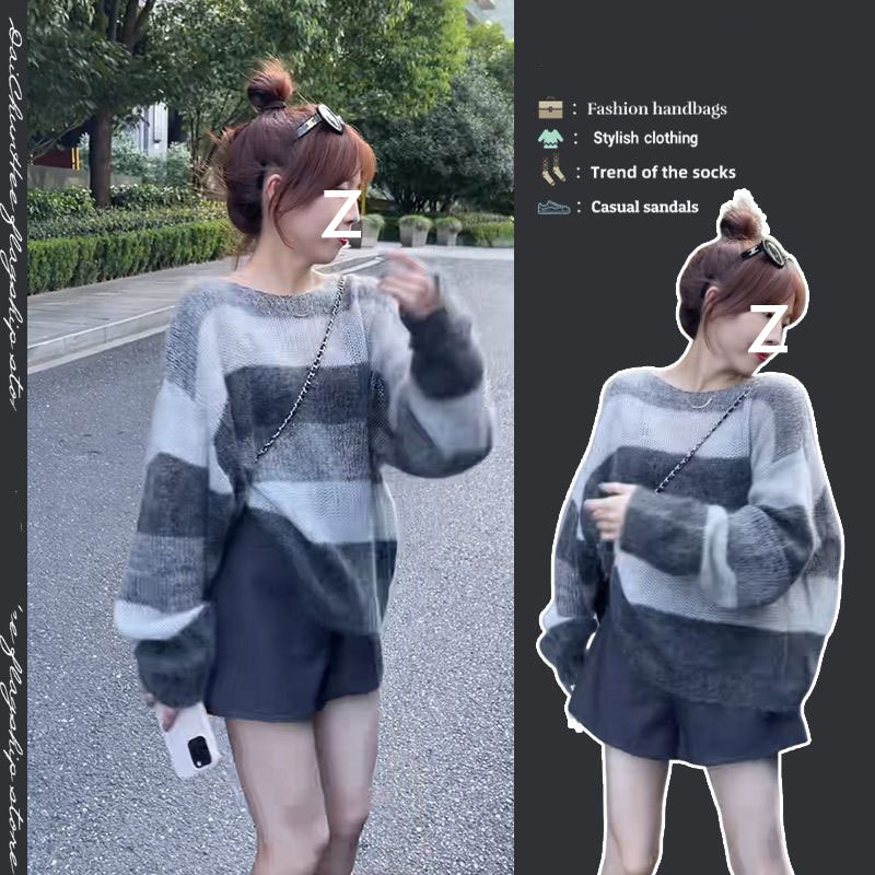 奶系穿搭减龄时尚套装女秋季新款百搭外穿撞色圆领毛衣短裤两件套
