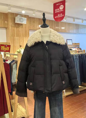 MLC2025年冬季美丽穿羊羔毛翻领短款羽绒服女黑色加厚保暖显瘦套