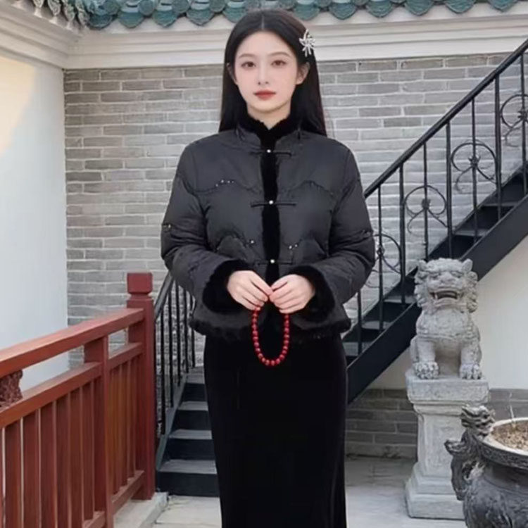 新中式立领盘扣棉服黑色保暖棉衣