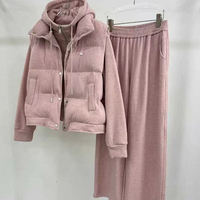 2025秋冬新款减龄加绒加厚连帽卫衣外套阔腿裤羽绒棉马甲三件套女