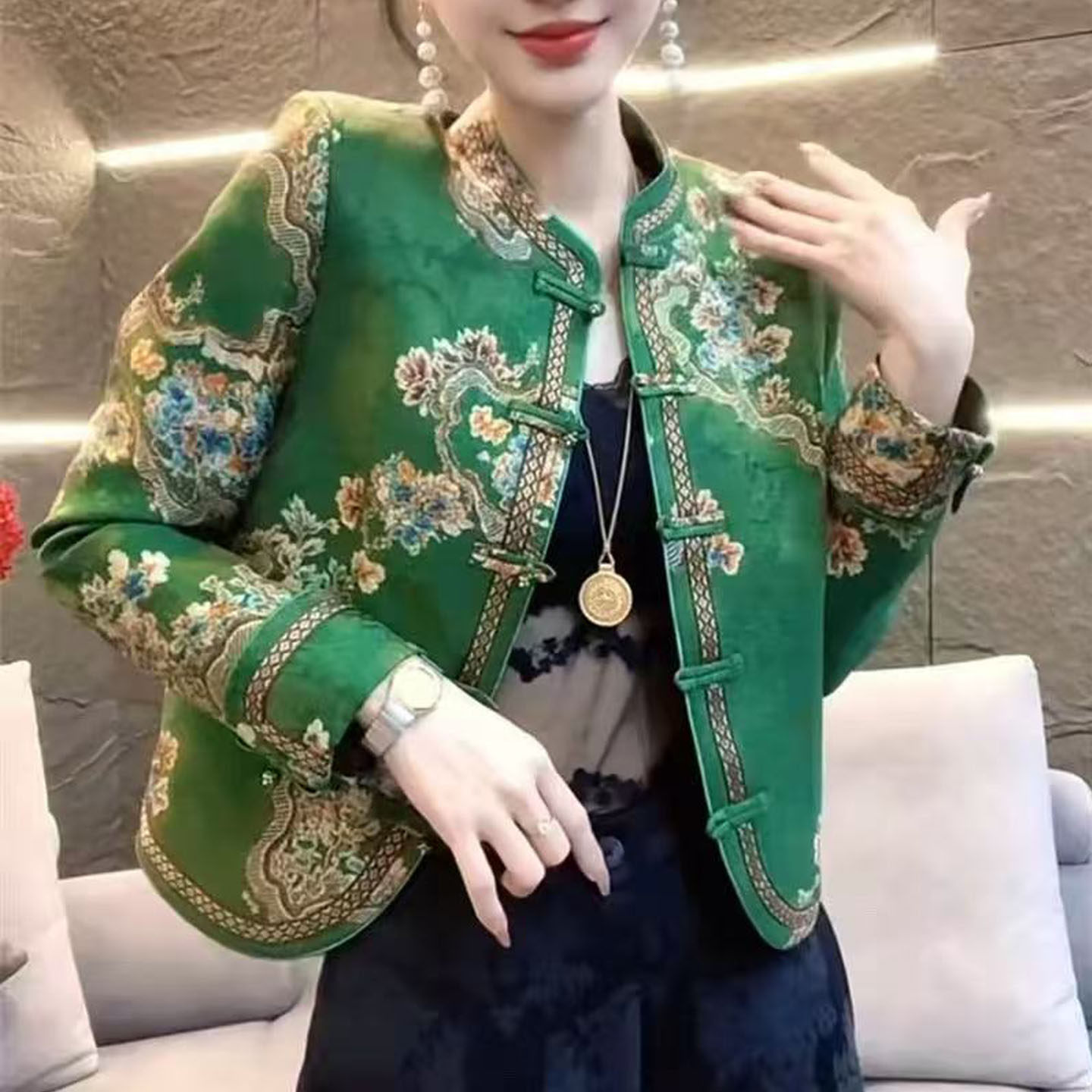 新中式短外套女国风盘扣提花上衣
