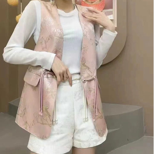 一粒扣国风V领刺绣女士双面马甲