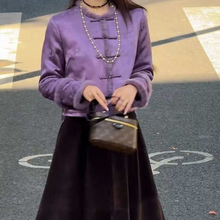 新中式风立领盘扣棉服外套女秋冬宽松长袖高端唐装上衣+裙子套装