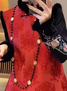 新中式国风改良夹棉旗袍裙2025秋冬高端提花无袖毛毛边马甲裙子女