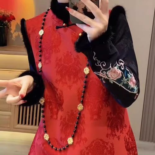 无袖毛毛边马甲裙子女夹棉旗袍裙