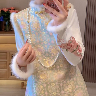 复古盘扣刺绣毛毛边马甲裙小衫 高级感国风气质减龄套装 裙女冬新款