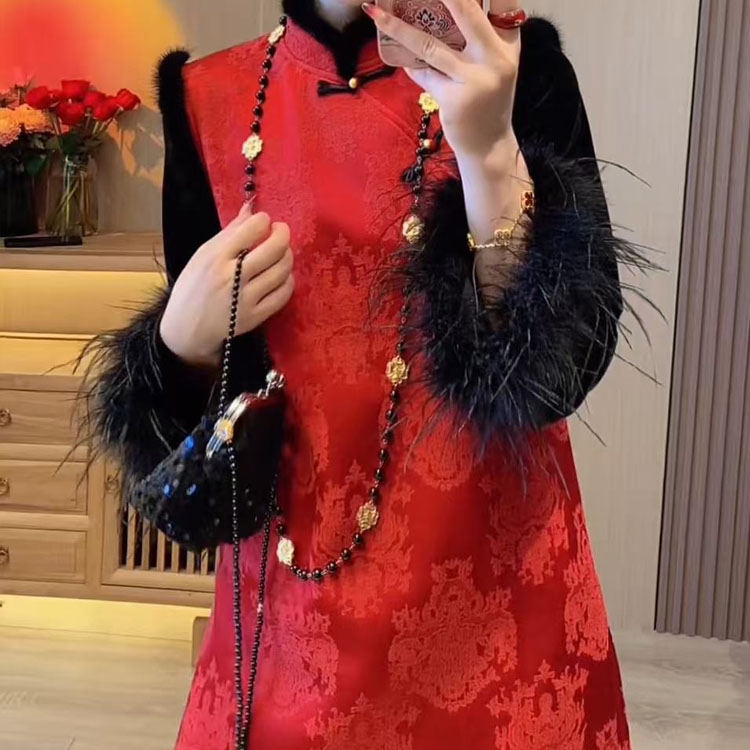 无袖毛毛边马甲裙子女夹棉旗袍裙