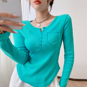 RM23646#修身显瘦百搭纽扣V领长袖短款T恤上衣早秋气质韩版打底衫女