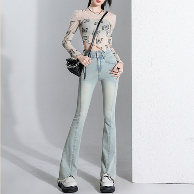 小个子浅蓝色微喇牛仔裤女春夏季