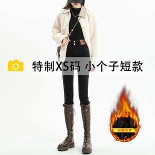 加绒加厚黑色小脚牛仔裤女冬季高腰修身显瘦八分小个子短款紧身裤