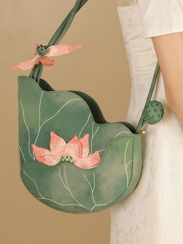 古风荷花绿色斜跨包清新淡雅2024新品原创汉服旗袍配饰手提包女包