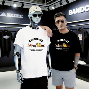 上衣服 简约纯棉情侣装 萌趣休闲小狗印花白色宽松短袖 T恤男女夏季