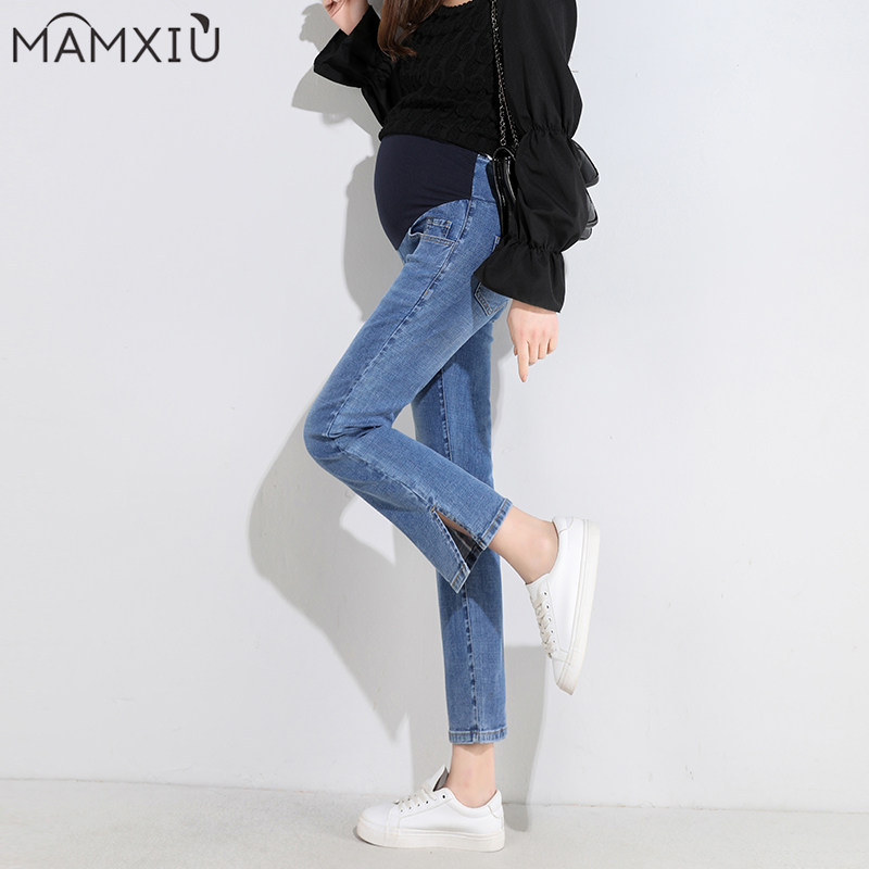 孕妇牛仔裤子女春秋薄款弹力九分侧边开叉时尚外穿秋装直筒托腹裤