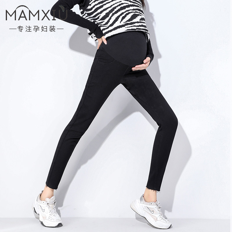 孕妇牛仔裤春夏2023新款小脚弹力辣妈修身毛边裤收脚孕妇装托腹裤