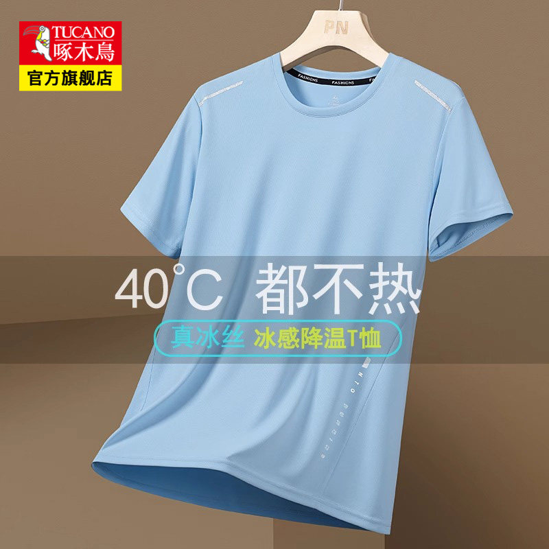 啄木鸟夏季薄款冰丝短袖t恤男士透气垂感运动速干圆领体恤上衣男Z