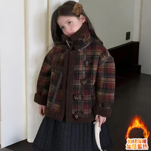 女童加绒外套秋冬装2025新款儿童皮毛一体加厚上衣女孩格子毛毛衣