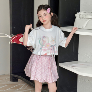 女童夏装套装2026新款儿童洋气短袖上衣夏季女孩时髦花苞裙两件套