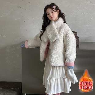 韩国童装2025秋冬新款儿童冬款洋气皮毛一体外套加厚保暖毛毛衣潮