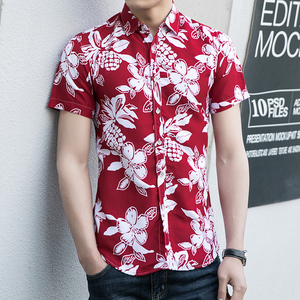 6917 新款夏季男士加大码印花短袖衬衫P32 模特图图片