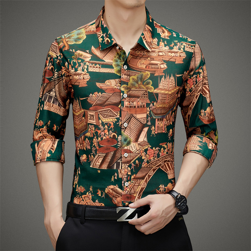 7025新款男士商务休闲印花长袖衬衫时尚花衬衣P40,男装衬衫,星座1615