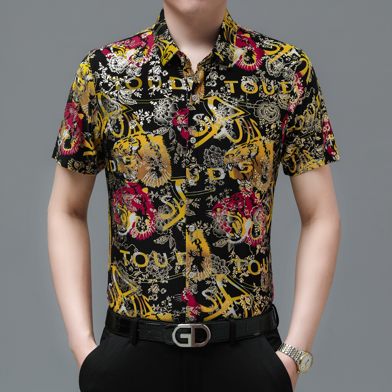 564新款男士短袖衬衫商务休闲时尚烫金花衬衫上衣P30，男装衬衫，星座1615