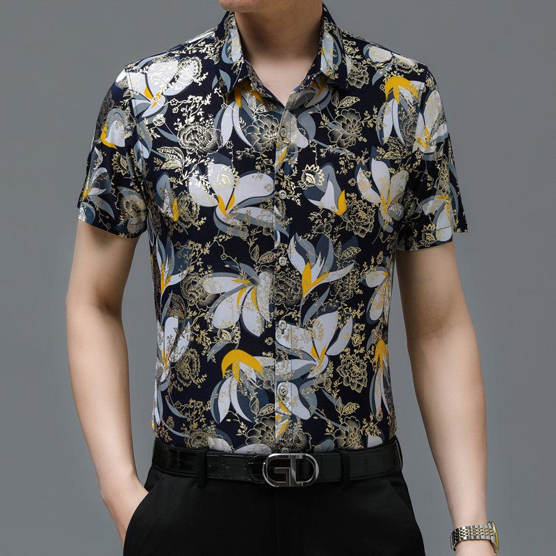 565新款男士短袖衬衫商务休闲时尚烫金花衬衫上衣P30,男装衬衫,星座1615