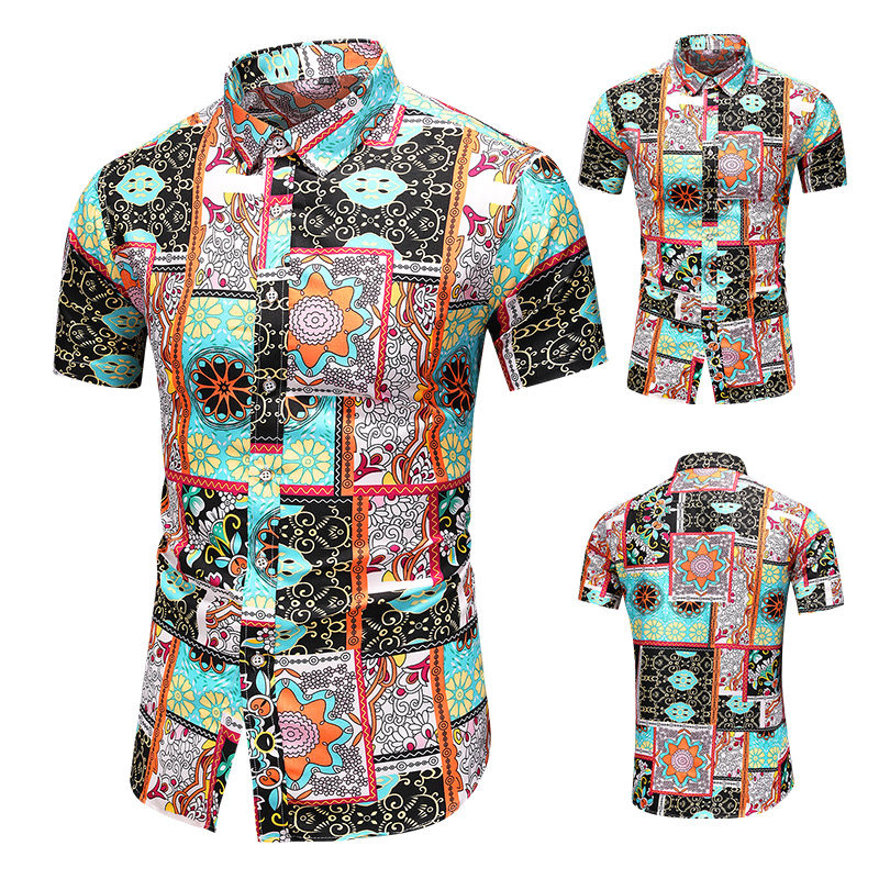 C315春季新款男士大码印花短袖衬衫P30镂空图，男装衬衫，星座1615